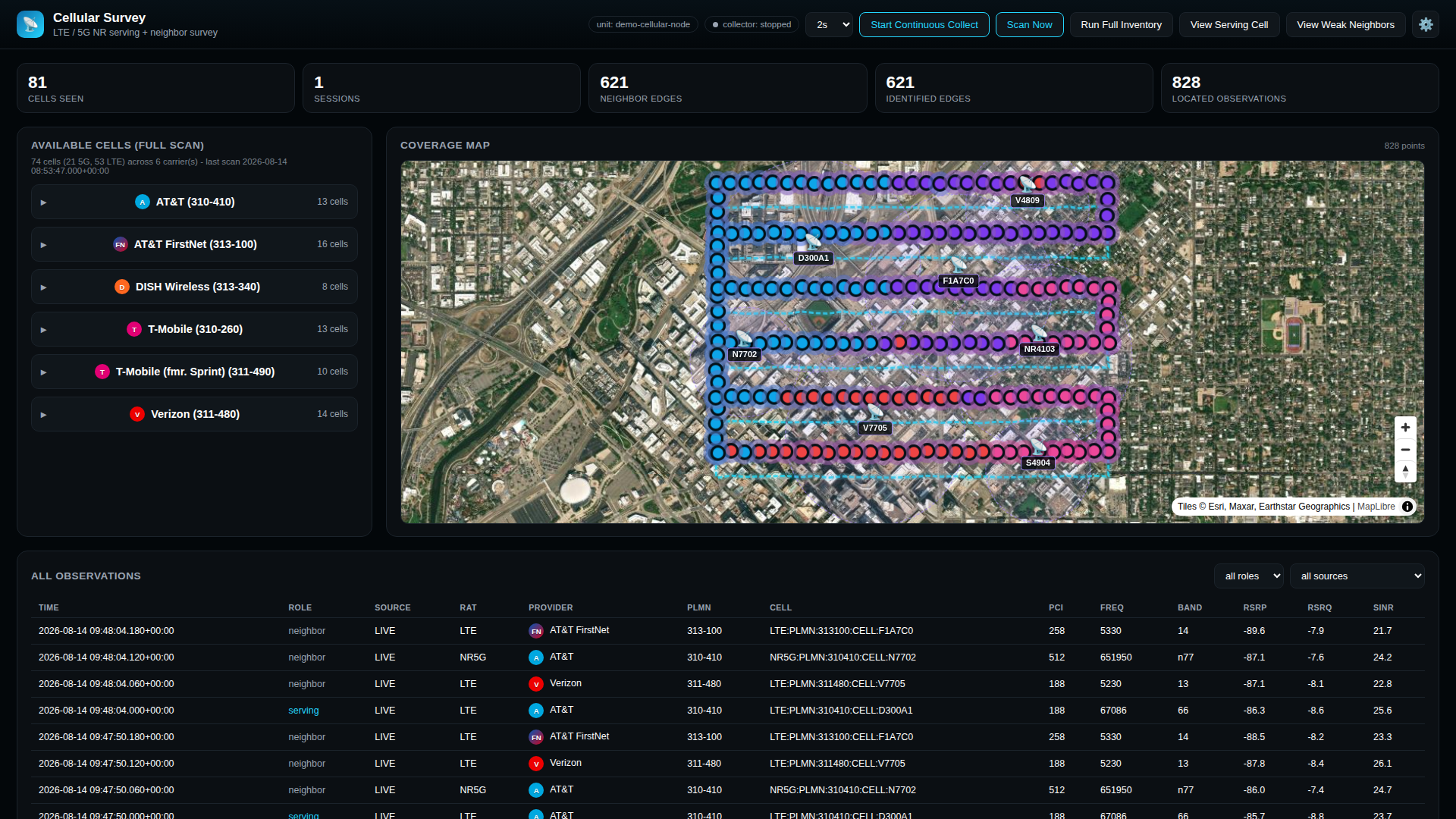Cellular Survey public-safe street-grid drive-test map with LTE and 5G observations