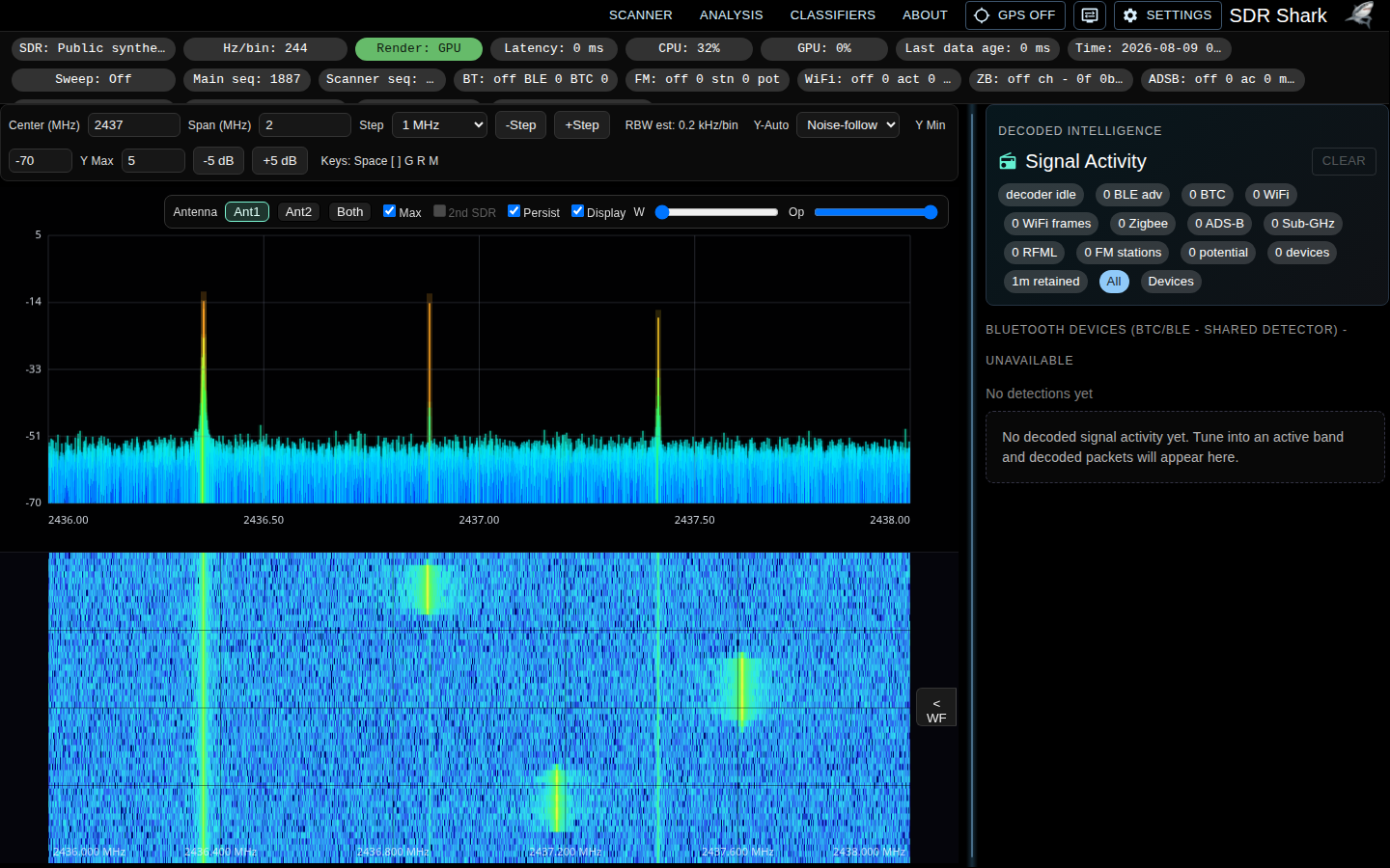SDR-Shark public Docker demo full dashboard with synthetic RF replay